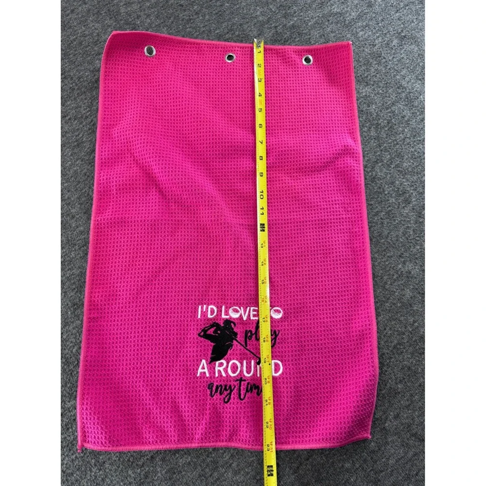 Pink Waffle Weave Golf Towel I'd Love To Play A Round Anytime Microfiber Grommet